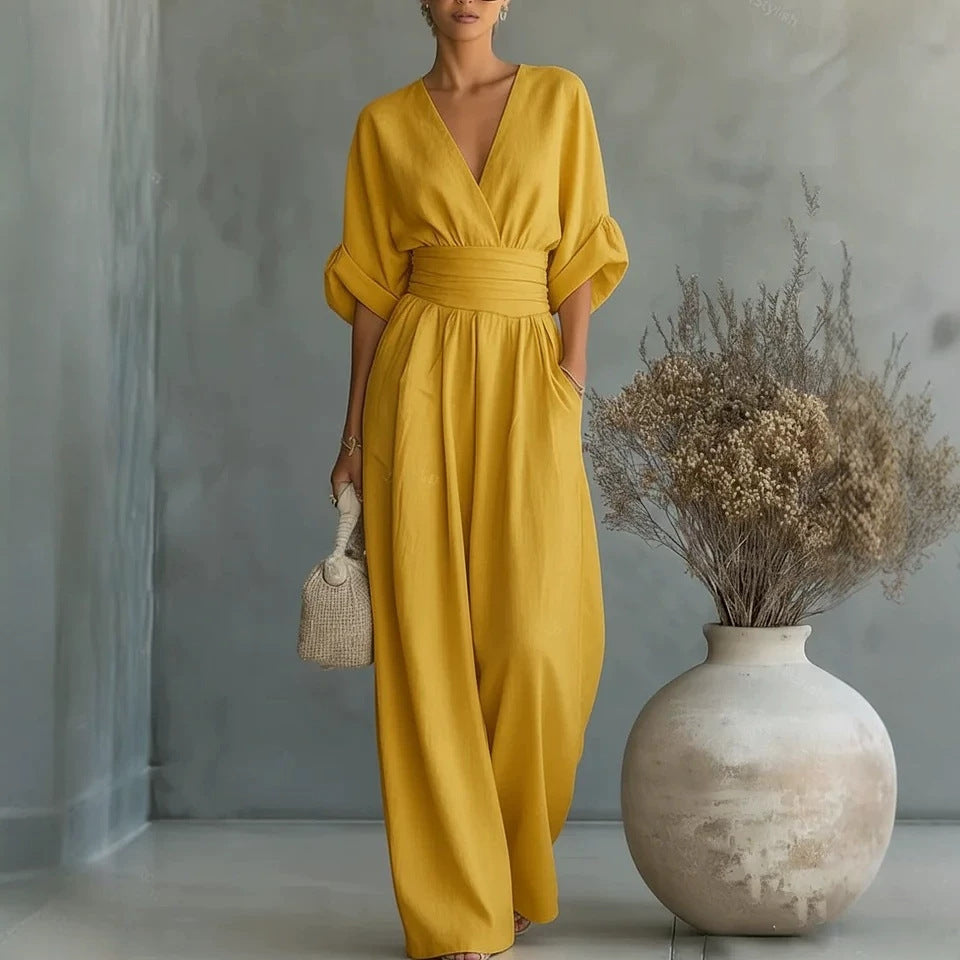Fiorella | Tuta Drappeggiata a Gamba Larga, Giallo Senape