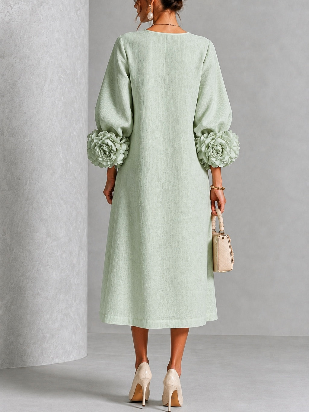 Greta | Abito Midi in Misto Lino con Polsini a Rosa, Verde Salvia