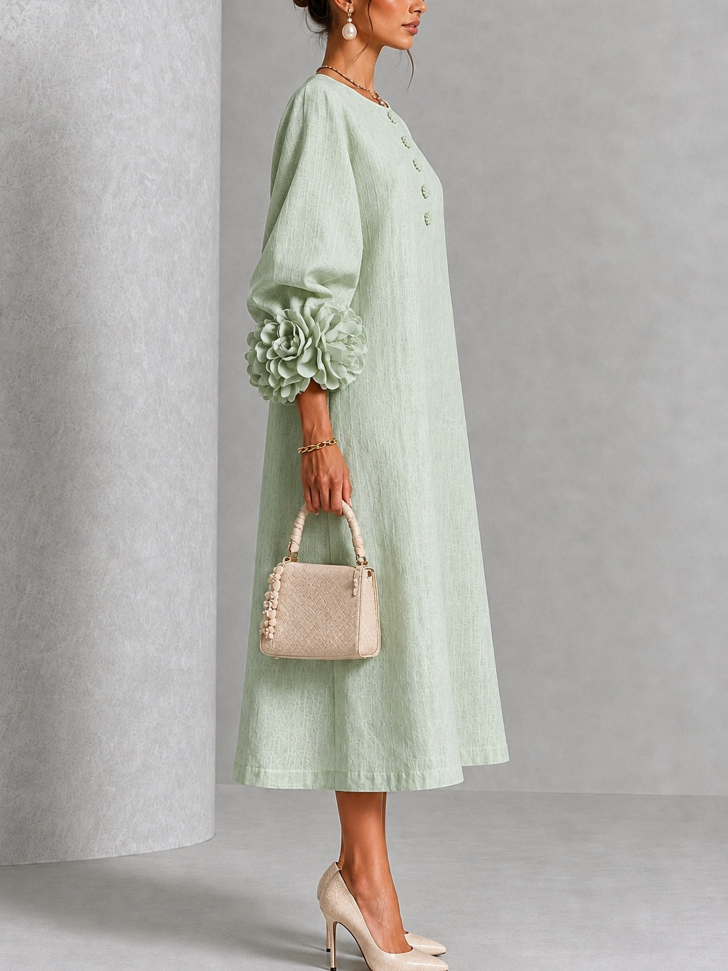 Greta | Abito Midi in Misto Lino con Polsini a Rosa, Verde Salvia