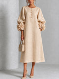 Carlotta | Abito Midi in Misto Lino con Polsini a Rosa, Beige