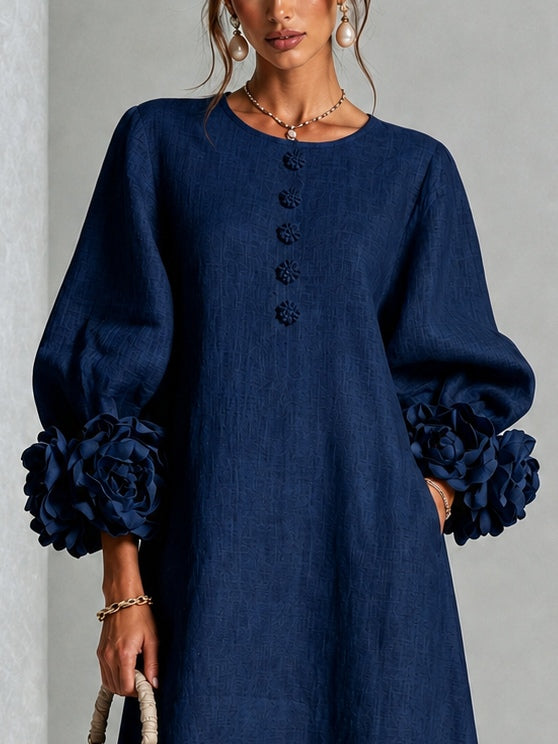 Eleonora | Abito Midi in Misto Lino con Polsini a Rosa, Blu Navy