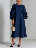 Eleonora | Abito Midi in Misto Lino con Polsini a Rosa, Blu Navy