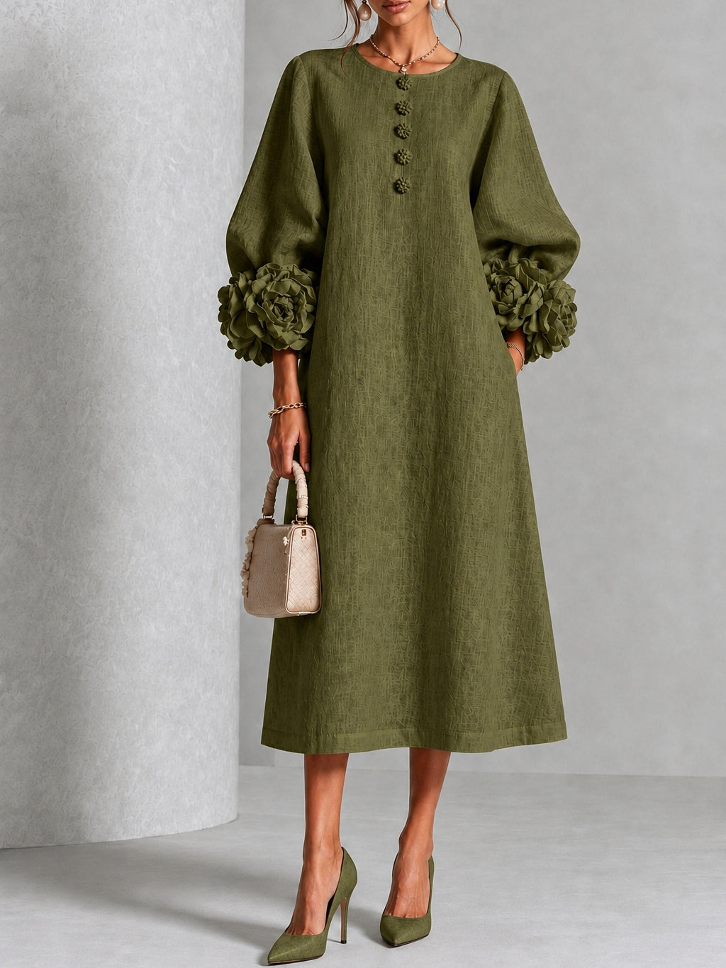 Flavia | Abito Midi in Misto Lino con Polsini a Rosa, Verde Oliva