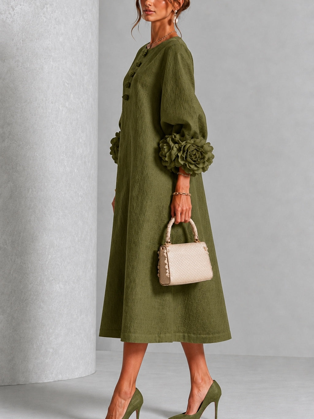 Flavia | Abito Midi in Misto Lino con Polsini a Rosa, Verde Oliva