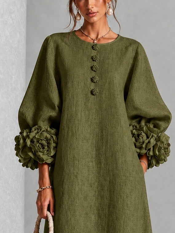 Flavia | Abito Midi in Misto Lino con Polsini a Rosa, Verde Oliva