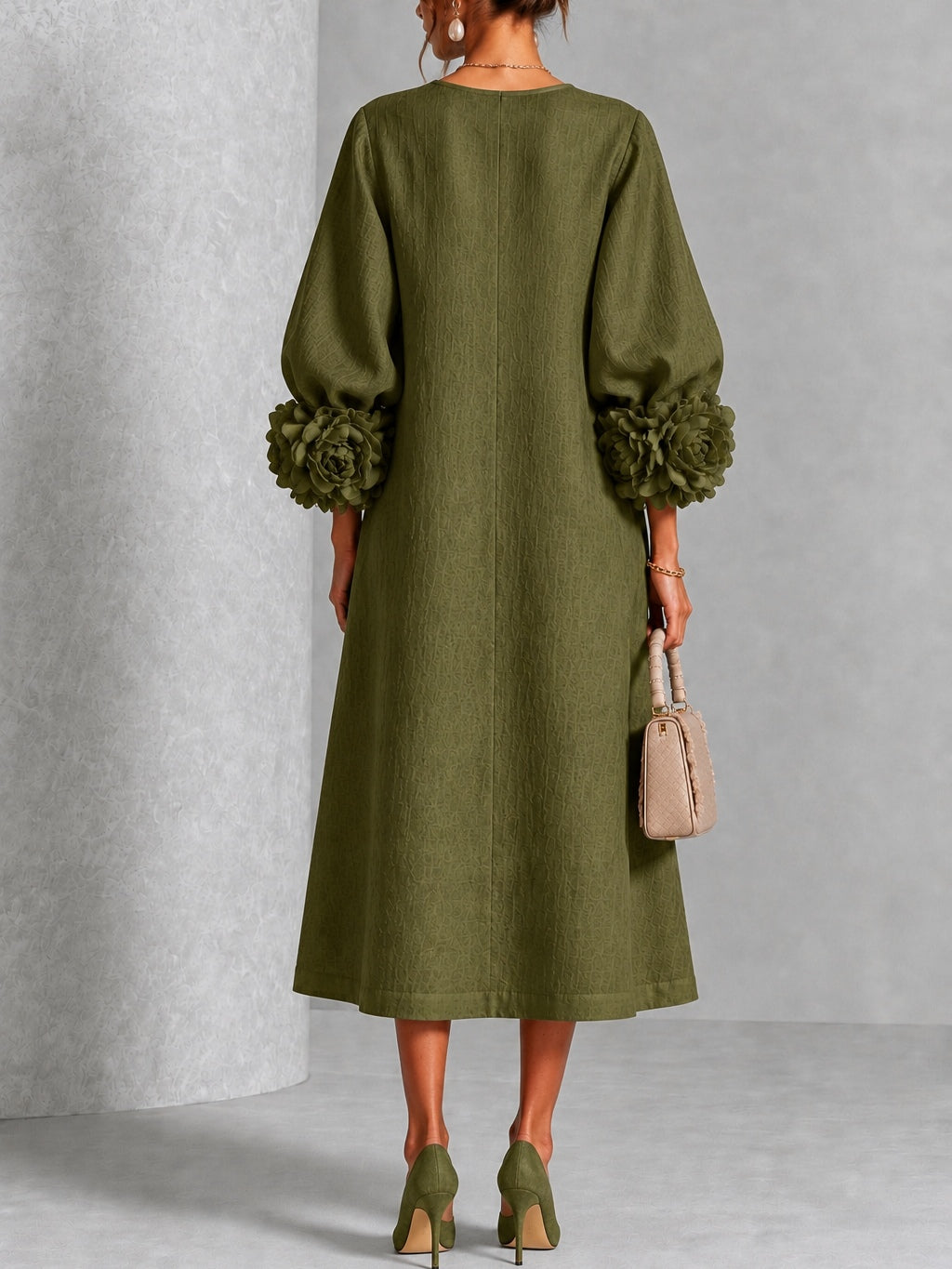 Flavia | Abito Midi in Misto Lino con Polsini a Rosa, Verde Oliva