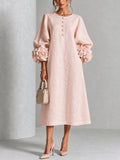 Adele | Abito Midi in Misto Lino con Polsini a Rosa, Rosa