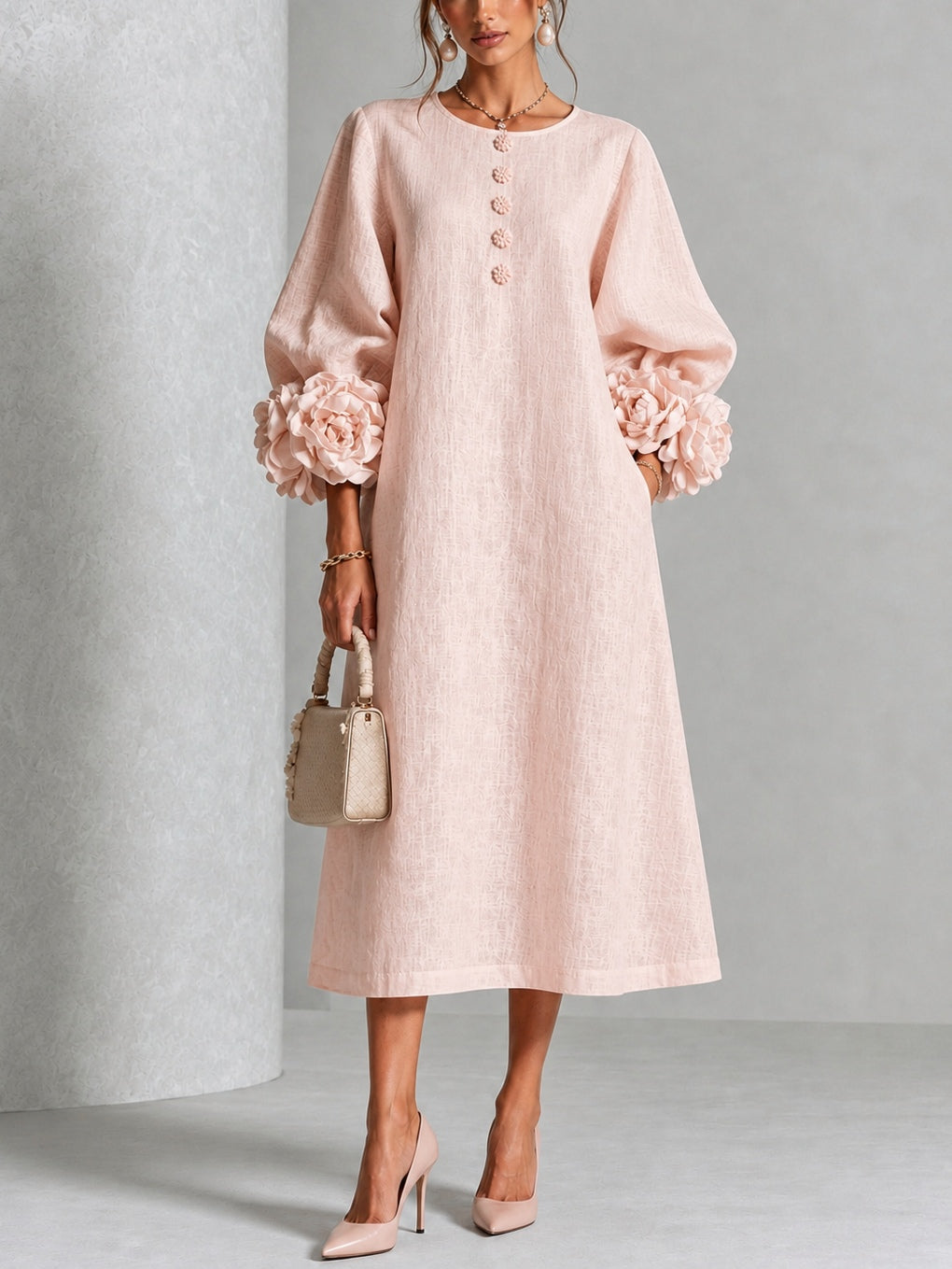 Adele | Abito Midi in Misto Lino con Polsini a Rosa, Rosa
