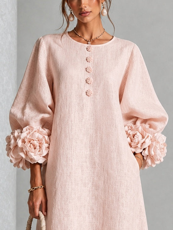 Adele | Abito Midi in Misto Lino con Polsini a Rosa, Rosa