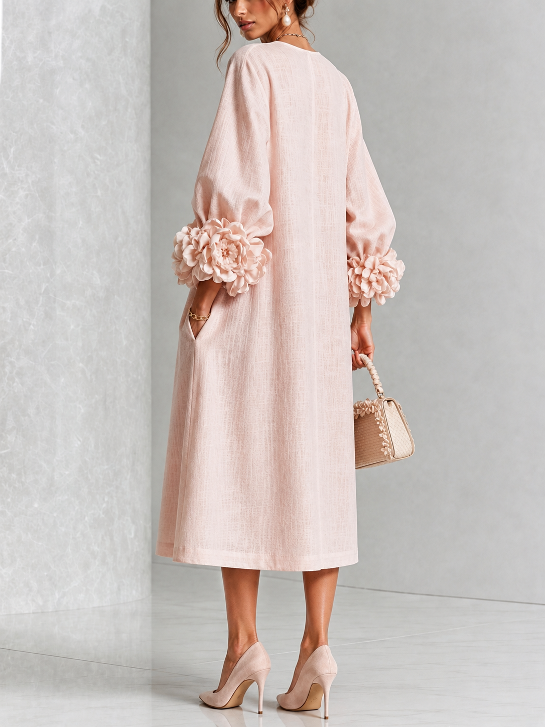 Adele | Abito Midi in Misto Lino con Polsini a Rosa, Rosa