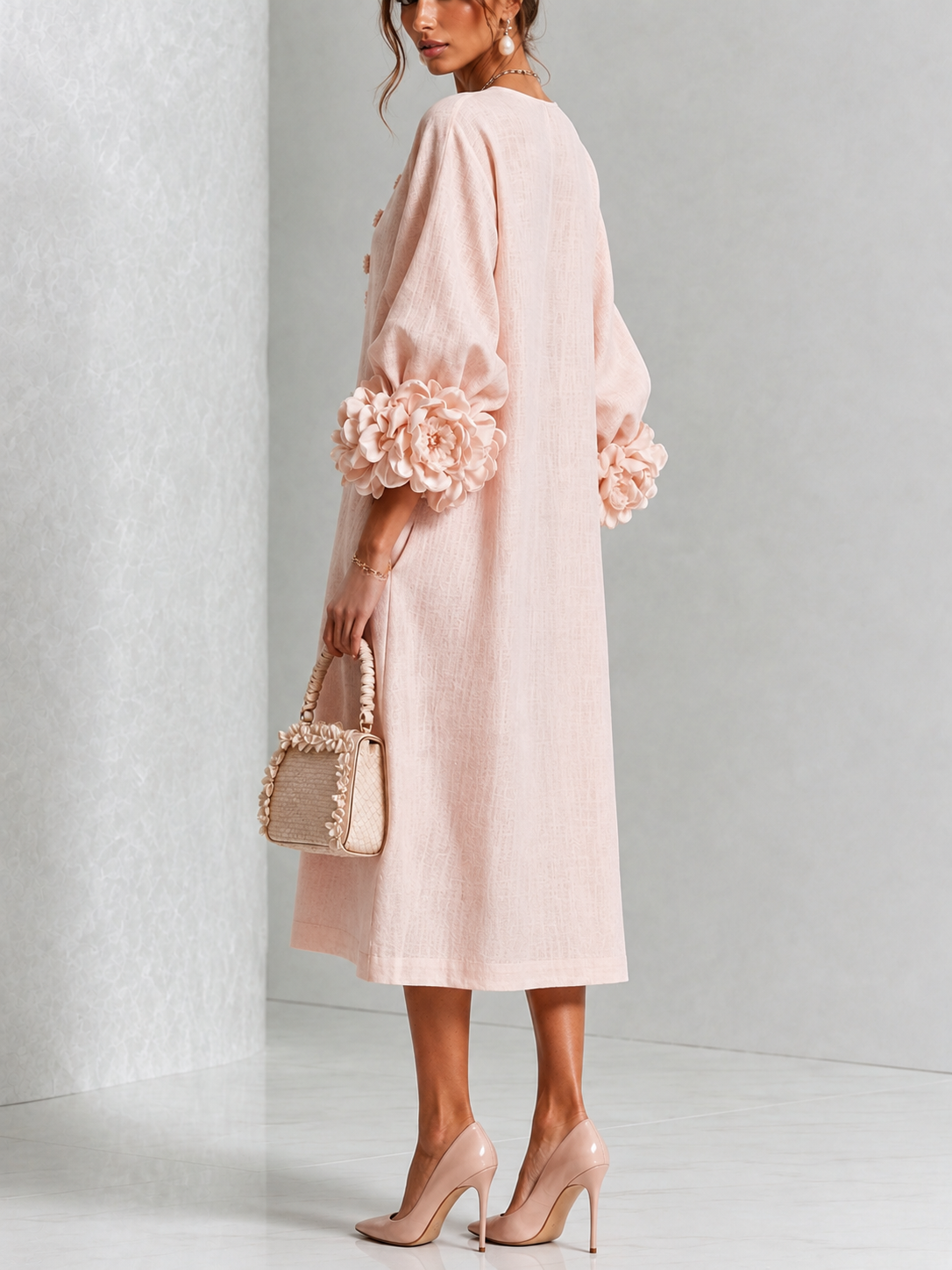 Adele | Abito Midi in Misto Lino con Polsini a Rosa, Rosa