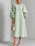 Greta | Abito Midi in Misto Lino con Polsini a Rosa, Verde Salvia