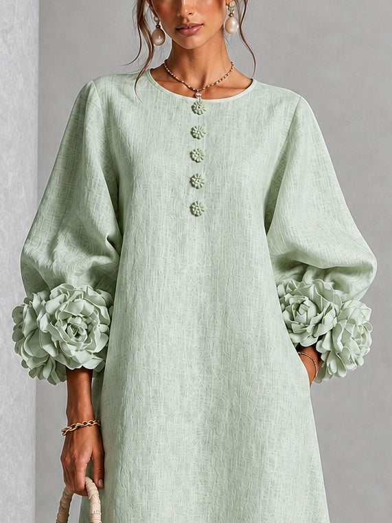 Greta | Abito Midi in Misto Lino con Polsini a Rosa, Verde Salvia