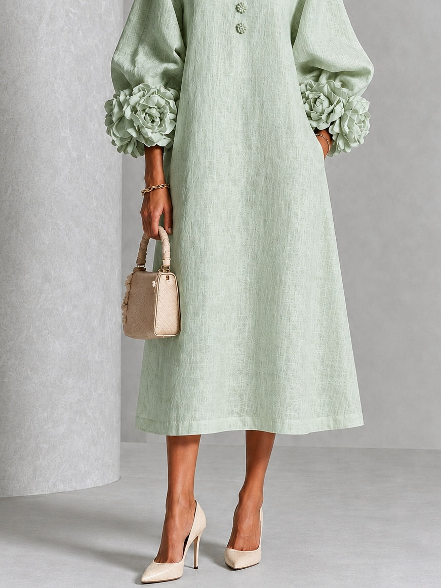 Greta | Abito Midi in Misto Lino con Polsini a Rosa, Verde Salvia