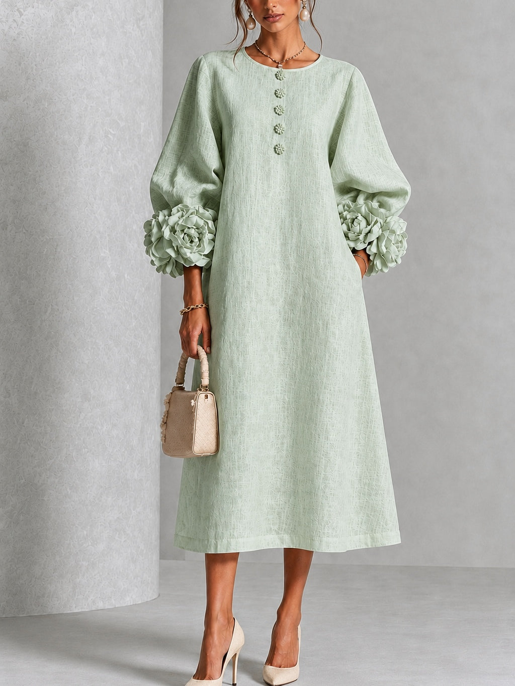 Greta | Abito Midi in Misto Lino con Polsini a Rosa, Verde Salvia