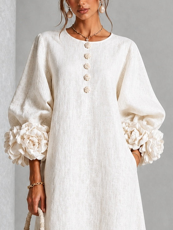 Ludovica | Abito Midi in Misto Lino con Polsini a Rosa, Bianco