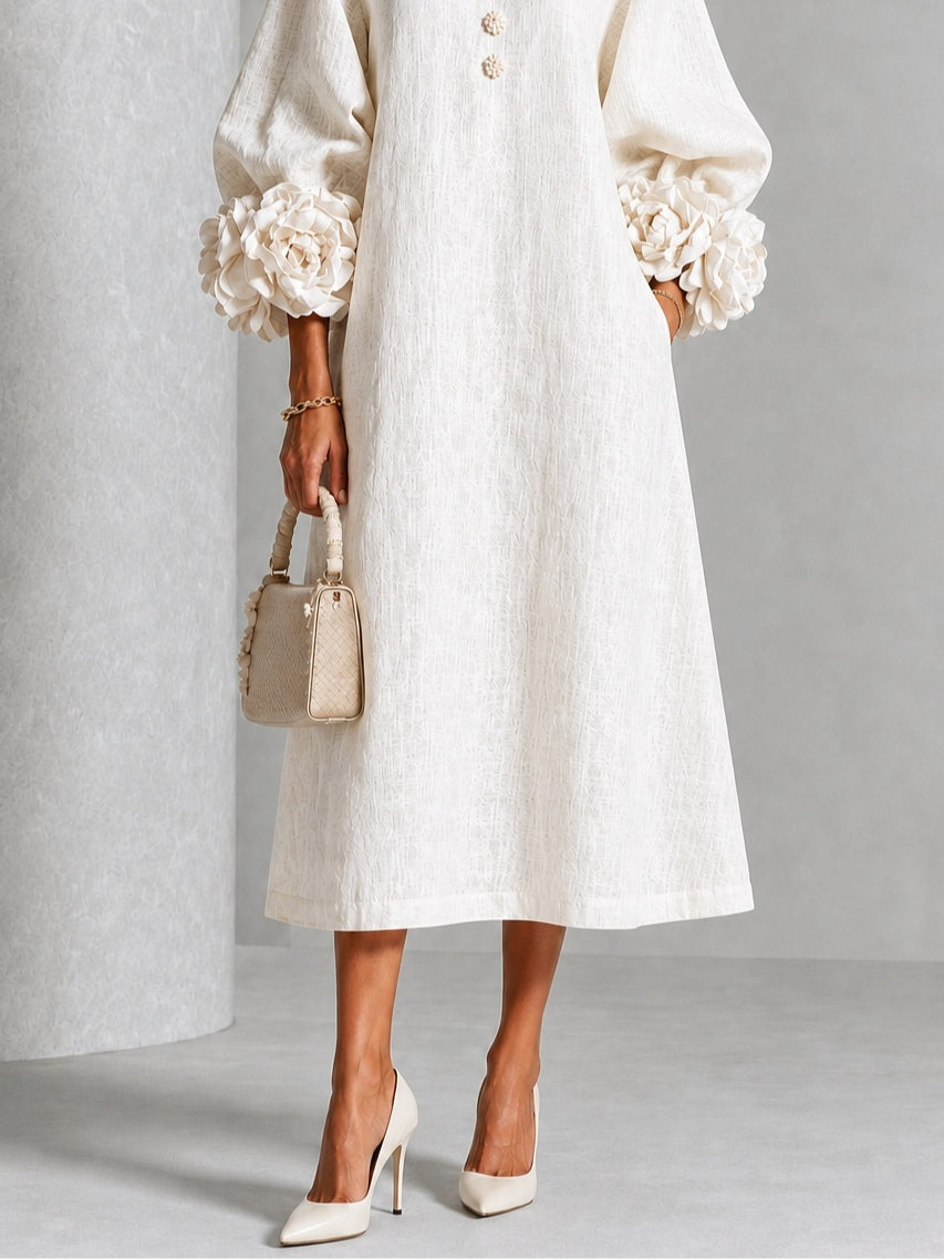 Ludovica | Abito Midi in Misto Lino con Polsini a Rosa, Bianco