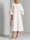 Ludovica | Abito Midi in Misto Lino con Polsini a Rosa, Bianco