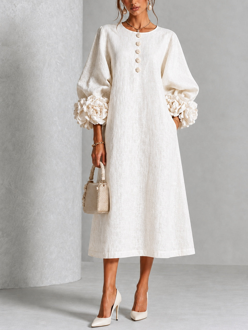Ludovica | Abito Midi in Misto Lino con Polsini a Rosa, Bianco