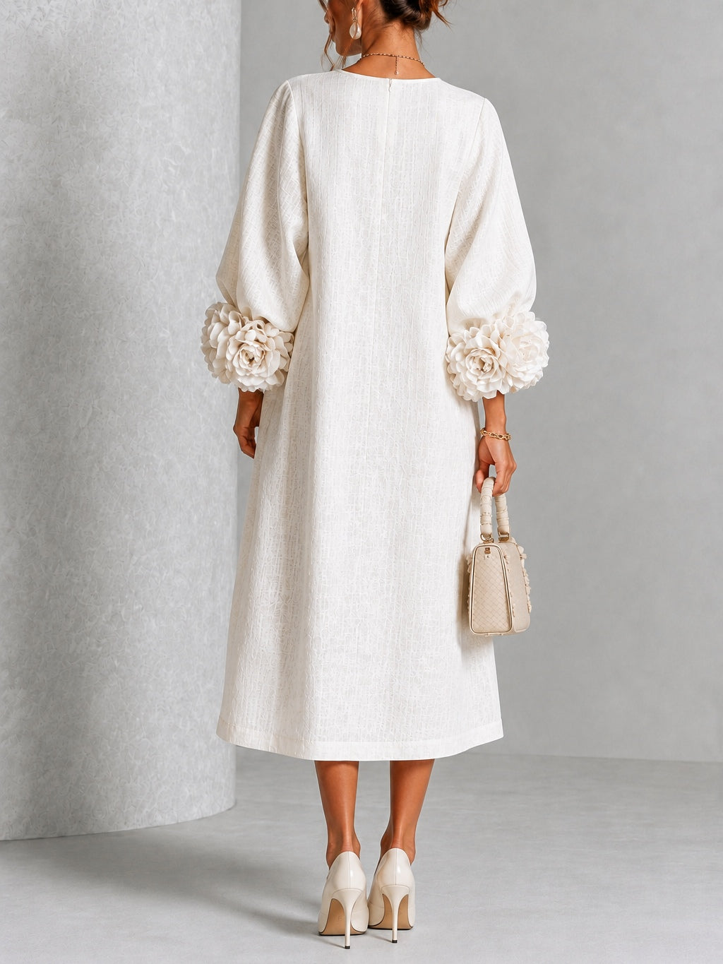Ludovica | Abito Midi in Misto Lino con Polsini a Rosa, Bianco