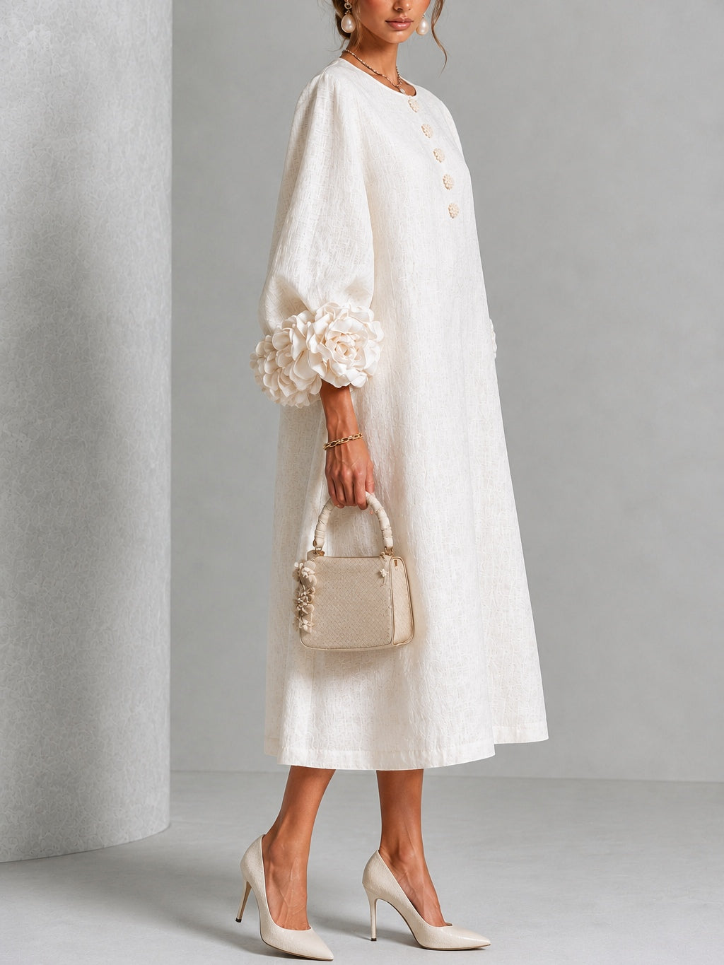 Ludovica | Abito Midi in Misto Lino con Polsini a Rosa, Bianco