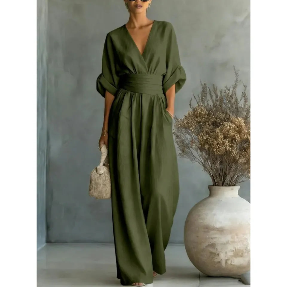 Flavia | Tuta Drappeggiata a Gamba Larga, Verde Oliva