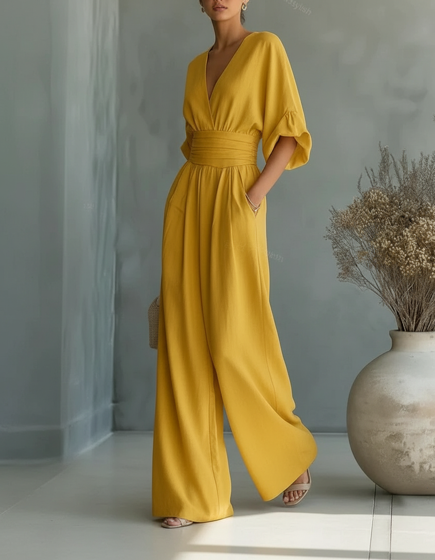 Fiorella | Tuta Drappeggiata a Gamba Larga, Giallo Senape