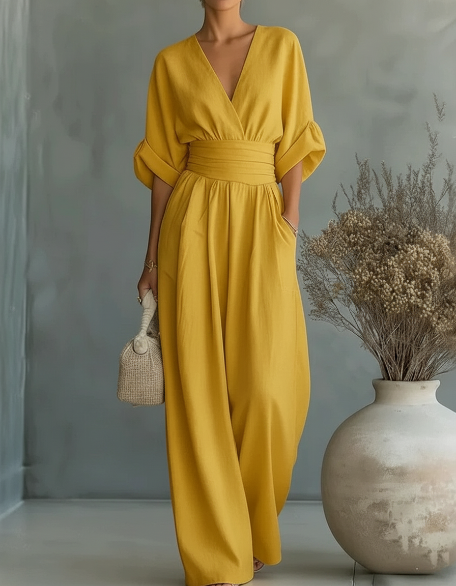 Fiorella | Tuta Drappeggiata a Gamba Larga, Giallo Senape