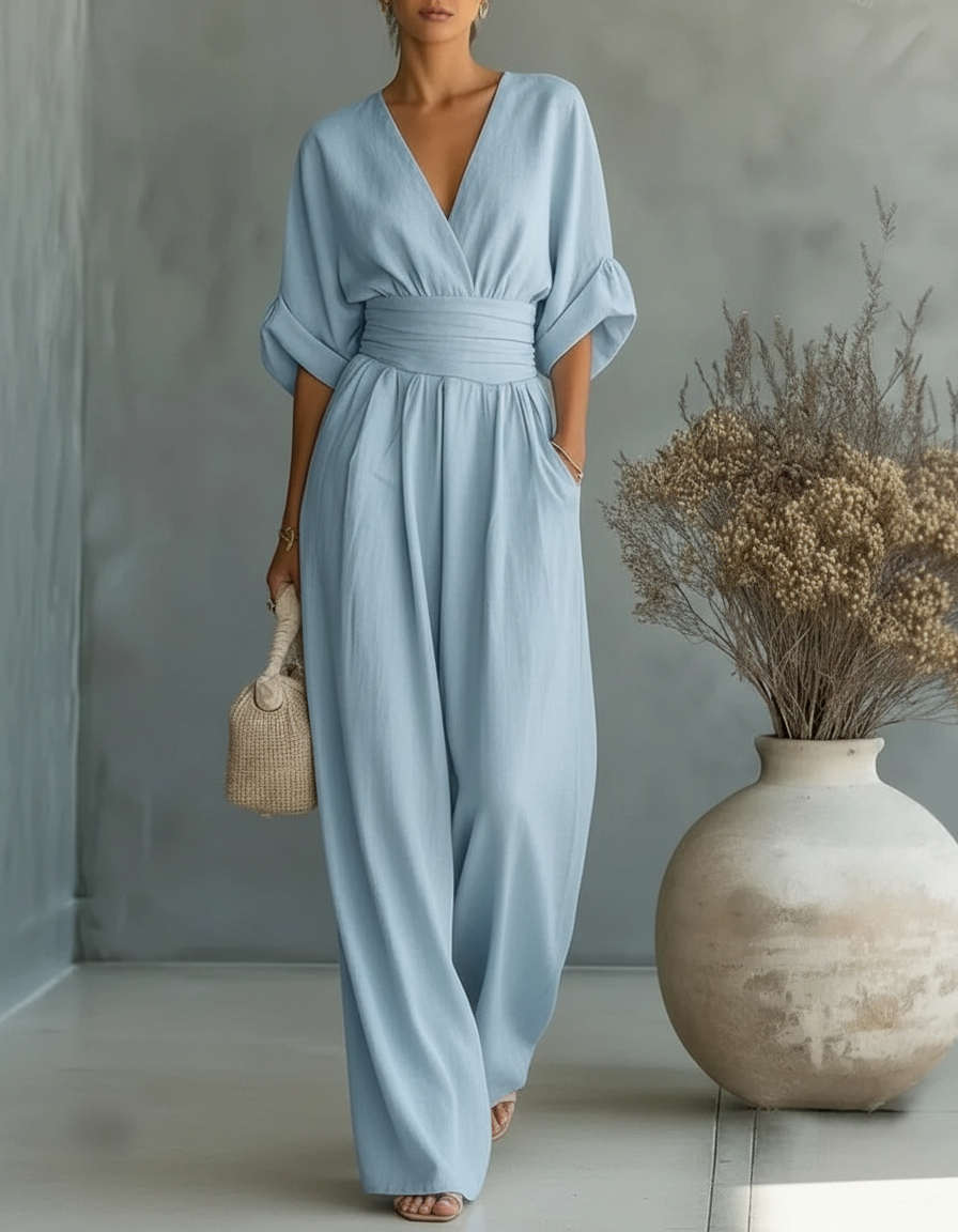 Ludovica | Tuta Drappeggiata a Gamba Larga, Azzurro