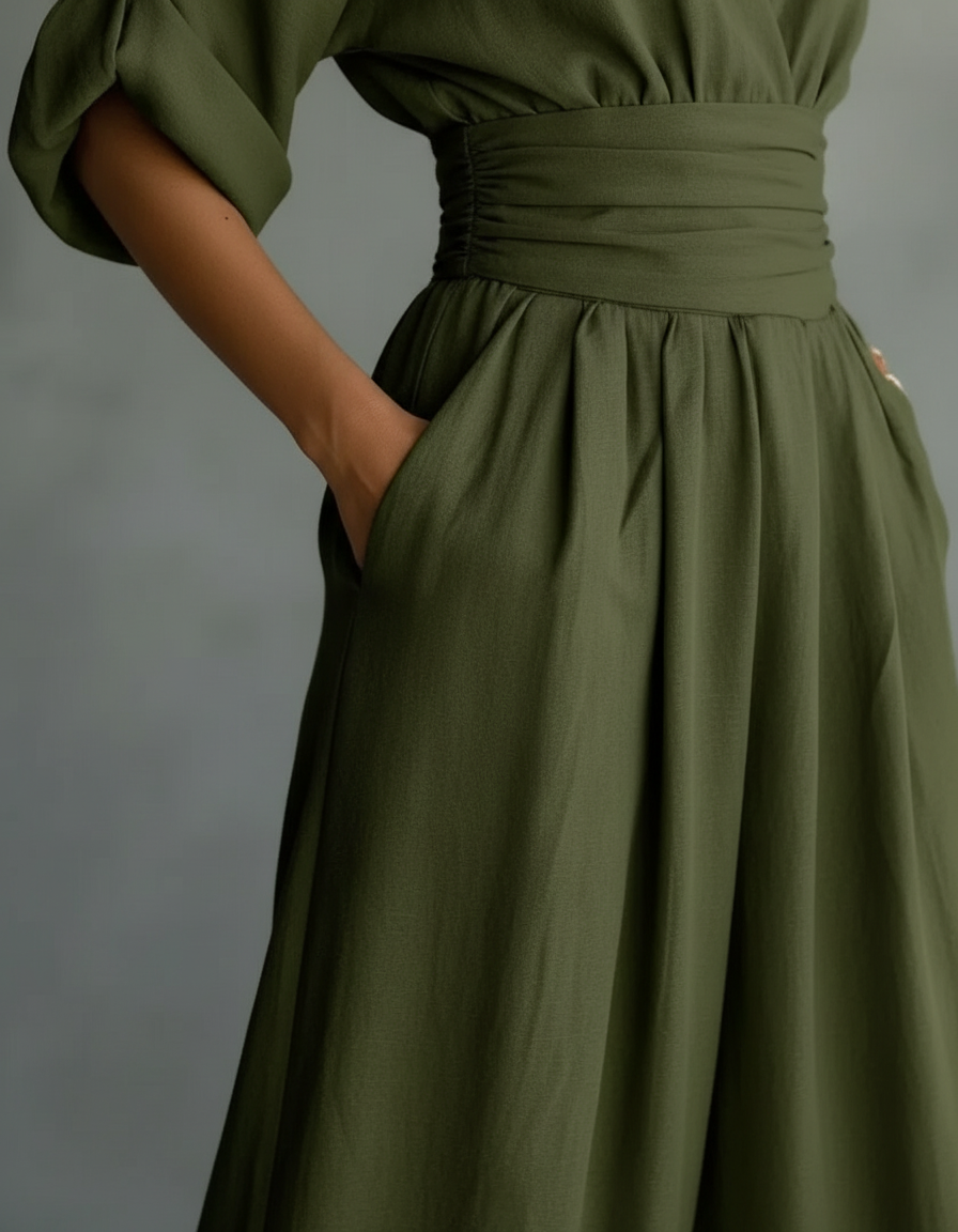 Flavia | Tuta Drappeggiata a Gamba Larga, Verde Oliva