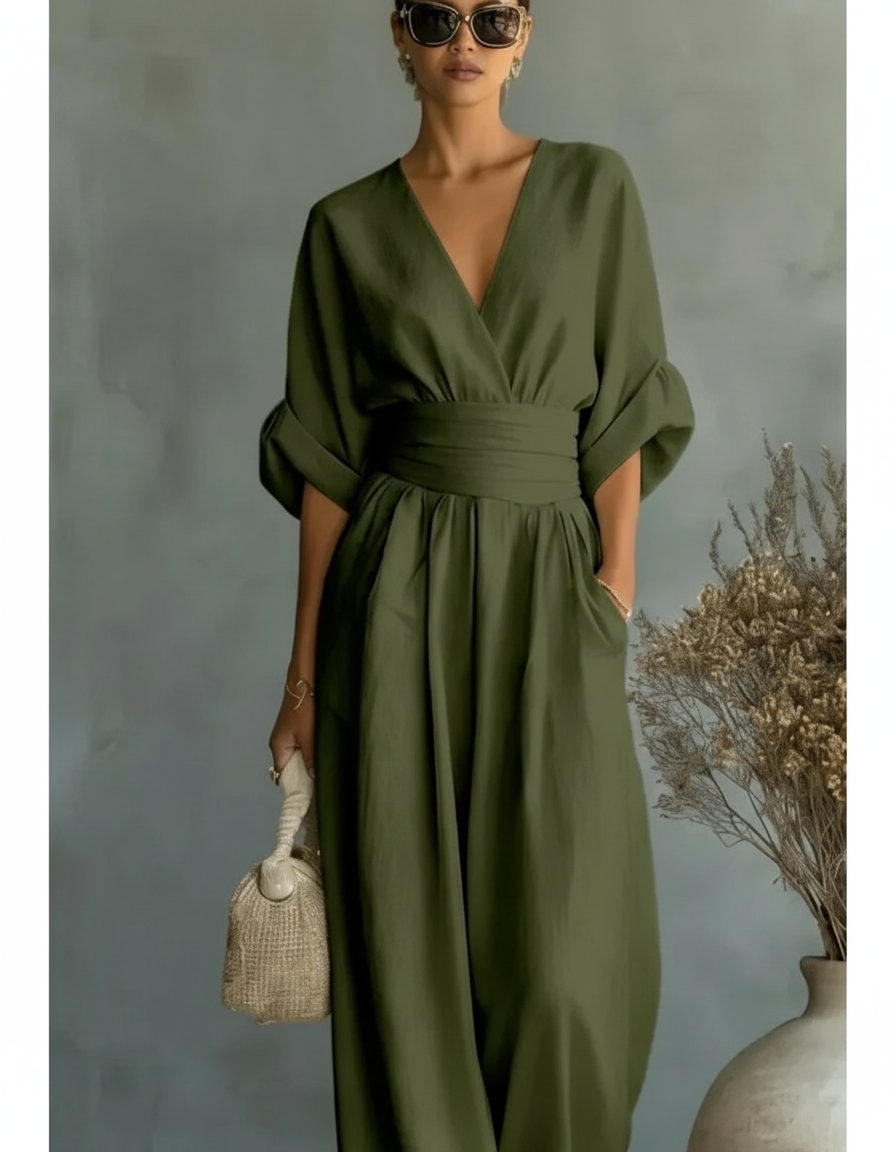 Flavia | Tuta Drappeggiata a Gamba Larga, Verde Oliva