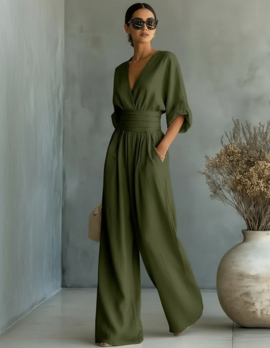 Flavia | Tuta Drappeggiata a Gamba Larga, Verde Oliva