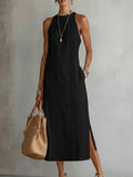 Tatiana | Abito Midi in Lino con Collo Mao